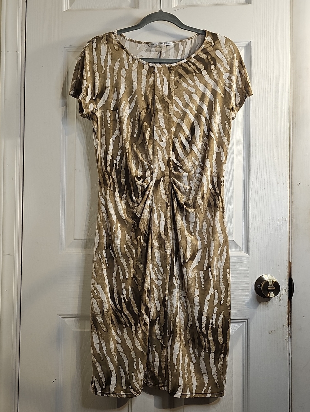 Peter Nygard Tan and White Zebra-Print Short Sleeve Ruched Dress